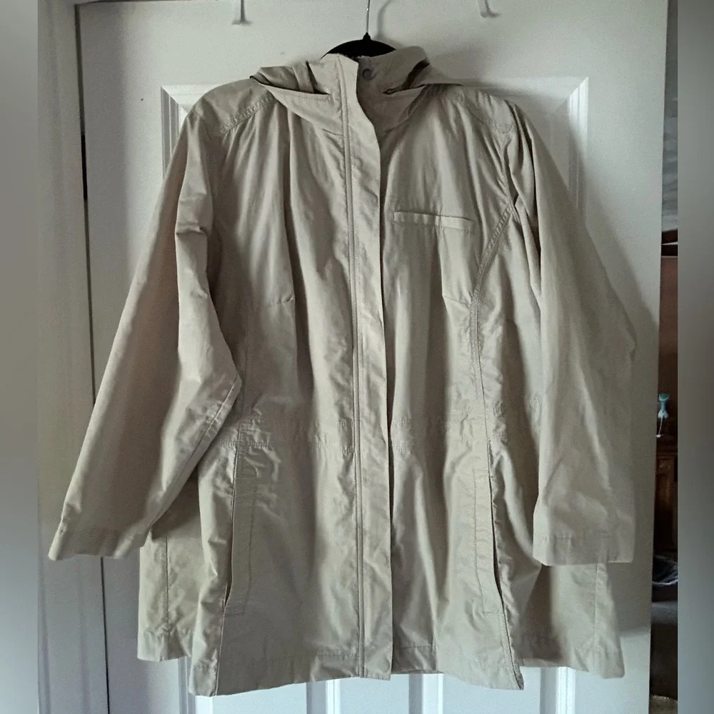 Eileen Fisher Rain Coat Jacket Hidden Hood Adjustable Waist 1X Organic Cotton